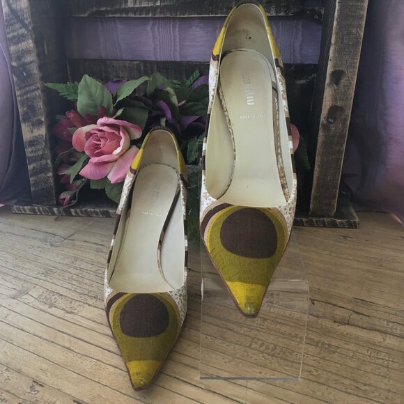 Miu Miu Gold Brown and Green Fabric High Heels Size 35 1/2 (but fit like size 6) - Picture 3 of 10